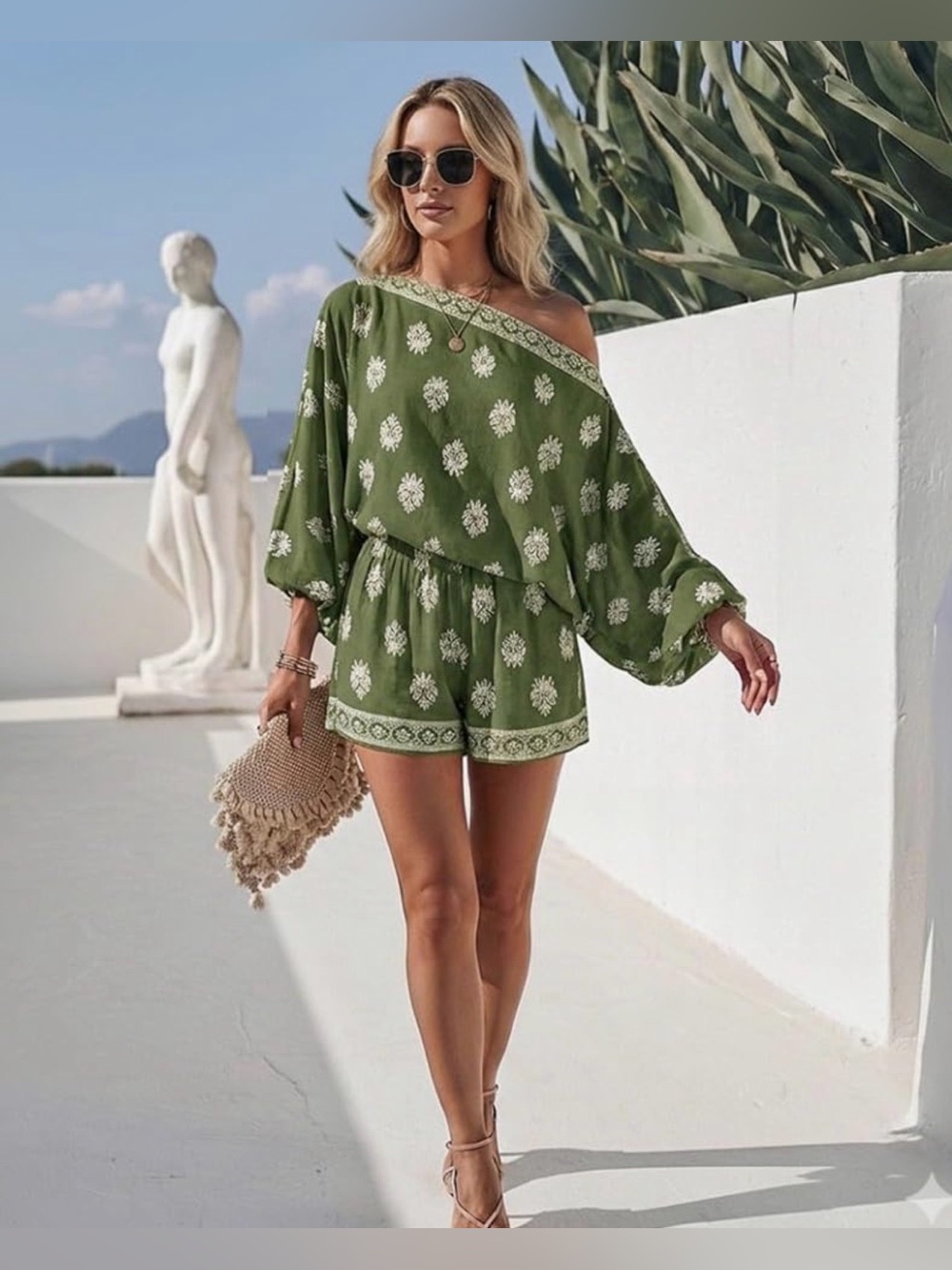 Off-Shoulder Olive Green Printed Romper